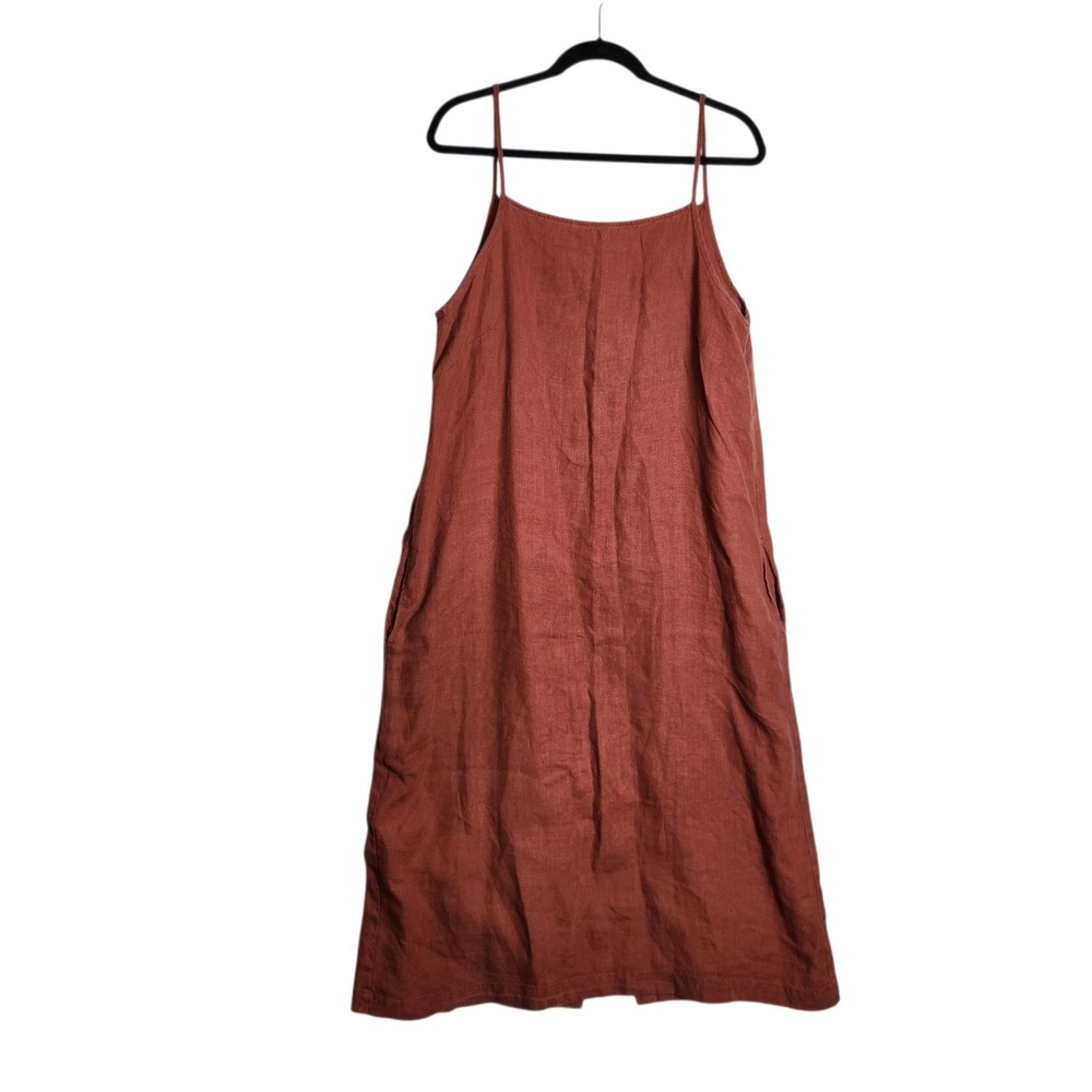 Linenfox Terracotta Rust Linen Spaghetti Strap Midi Dress Pockets Large